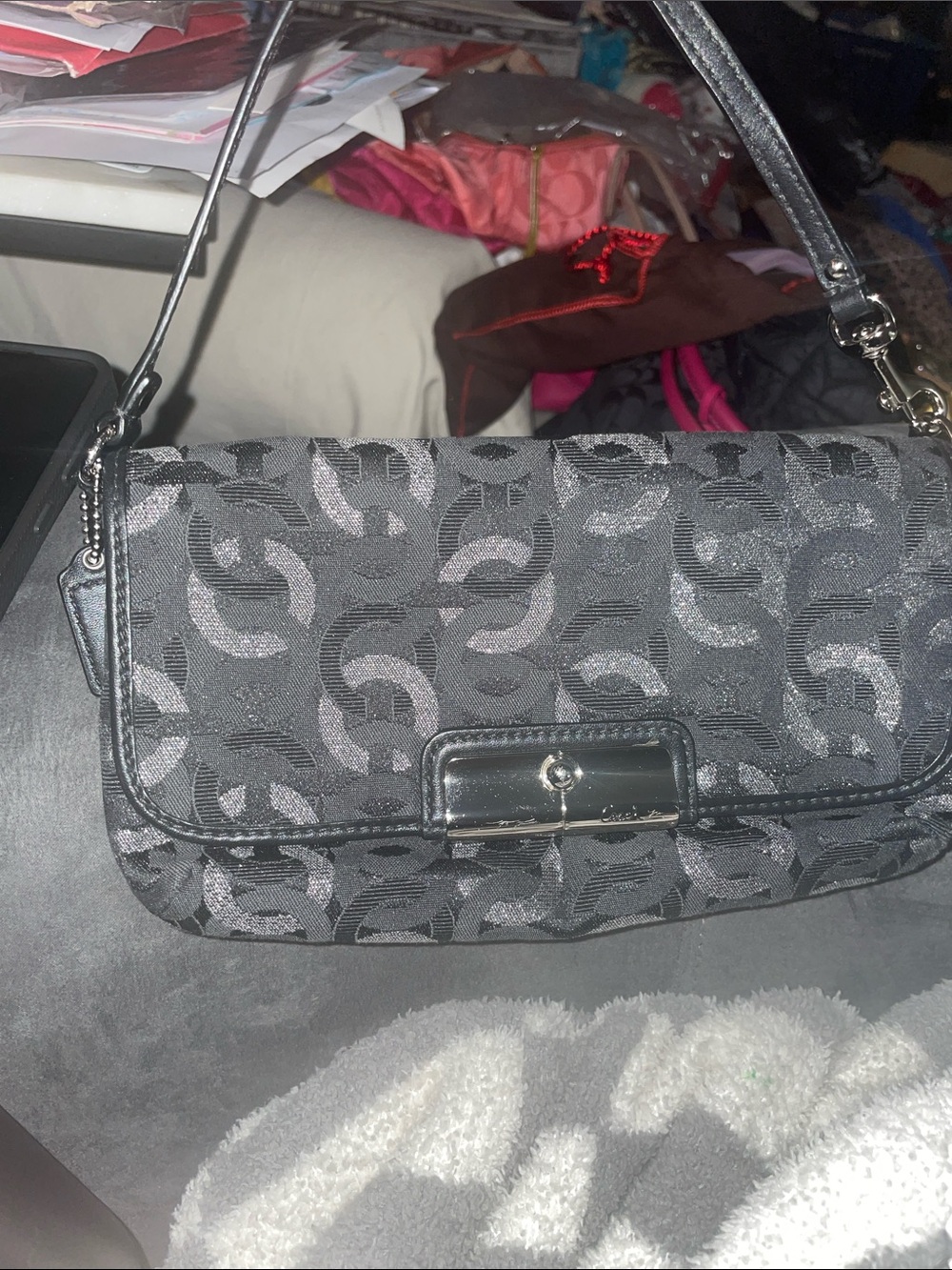 Coach Black Logo Jacquard Shoulder Bag with Silver Hardware
